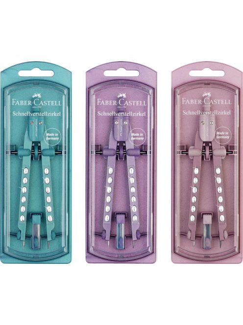 Faber-Castell Körző készlet gyorsállítóval FACTORY SPARKLE 2023 (metál rózsaszín,lila,óceánkék) (174323)
