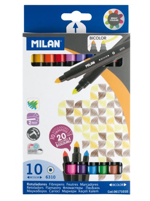 Filctoll készlet MILAN 6310, 10 db-os - 20 különböző szín, kétvégű "Bicolour" filctoll, 5 mm-es hegy, hengeres test (8411574021285)
