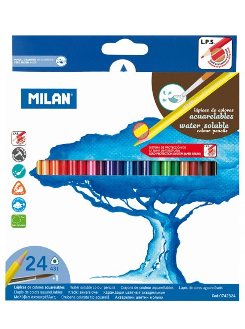 Színesceruza készlet MILAN Aqua 431, 24 különböző szín, háromszög test, vékony bél, festhető (8411574028758)