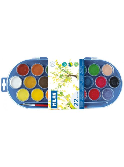 Vízfesték MILAN 22-es, 22 különböző szín, 30 mm-es festékorongok, 1 db ecsettel, mosható (8411574800224)