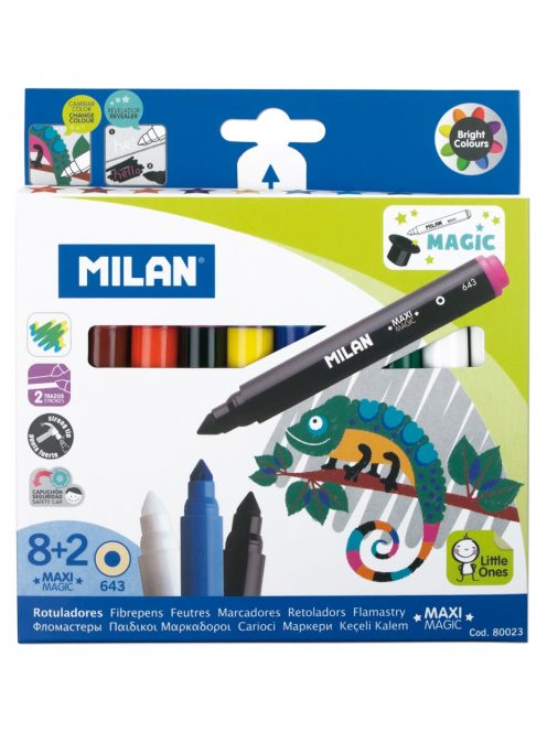 Filctoll készlet MILAN 643 Maxi, 8 db színes filctoll + 2 db "varázsfilc", 7 mm-es hegy, hengeres test (8411574800231)