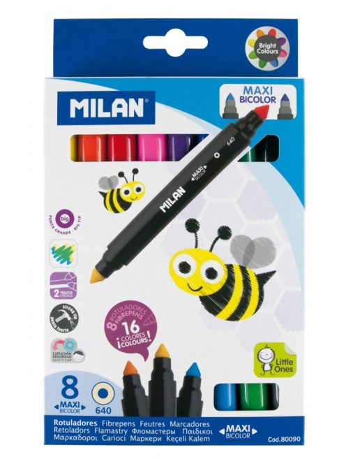 Filctoll készlet MILAN 640 Maxi, 8 db-os - 16 különböző szín, kétvégű "Bicolour" filctoll, vastag hegyű (7 mm), hengeres test (8411574800903)