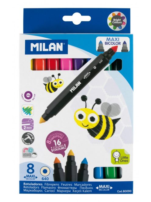 Filctoll készlet MILAN 640 Maxi, 8 db-os - 16 különböző szín, kétvégű "Bicolour" filctoll, vastag hegyű (7 mm), hengeres test (8411574800903)