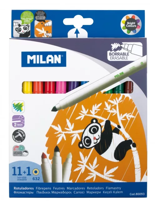 Filctoll készlet MILAN 632, 11 db színes filctoll + 1 db "varázsfilc", 5 mm-es hegy, hengeres test (8411574800934)