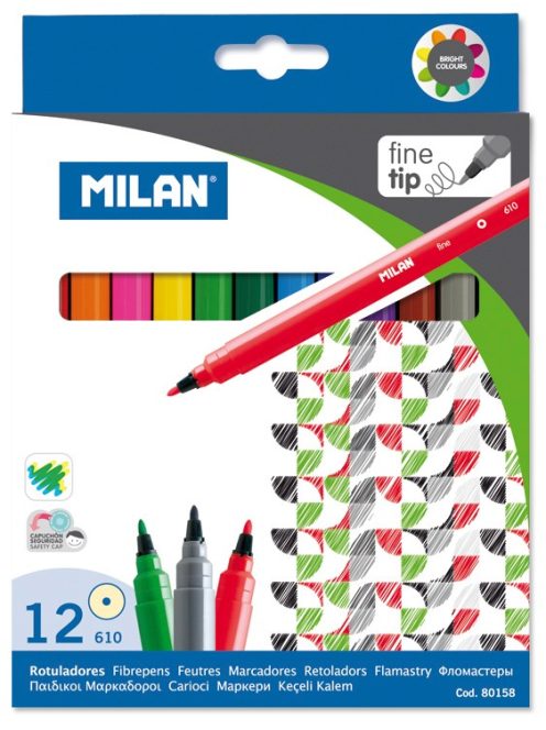 Filctoll készlet MILAN 610, 12 különböző szín, 2 mm-es hegy, hengeres test (8411574801580)