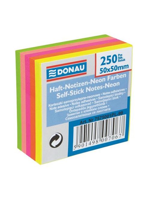 Öntapadó jegyzettömb, 50x50 mm, 5x50 lap, DONAU, neon szín (D7575)