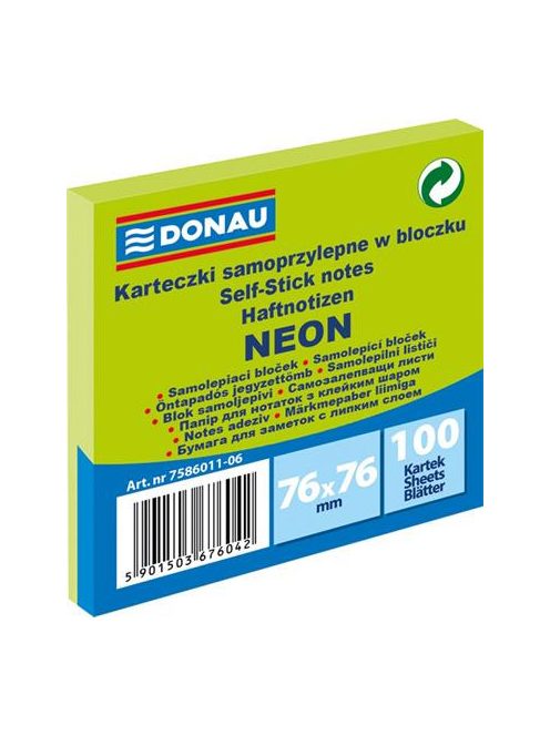Öntapadó jegyzettömb, 76x76 mm, 100 lap, DONAU, neon zöld (D758606)
