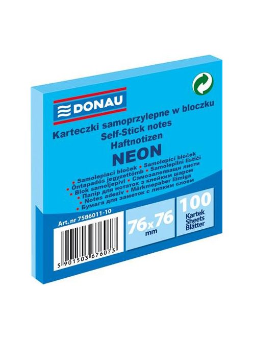 Öntapadó jegyzettömb, 76x76 mm, 100 lap, DONAU, neon kék (D758610)