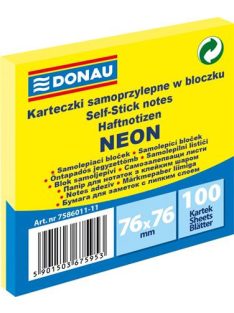   Öntapadó jegyzettömb, 76x76 mm, 100 lap, DONAU, neon sárga (D758611)