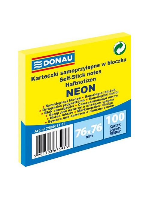 Öntapadó jegyzettömb, 76x76 mm, 100 lap, DONAU, neon sárga (D758611)