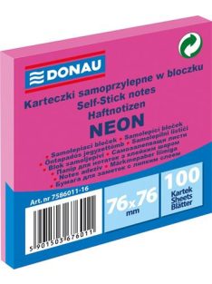   Öntapadó jegyzettömb, 76x76 mm, 100 lap, DONAU, neon rózsaszín (D758616)