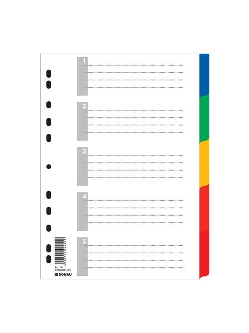 Regiszter, műanyag, A4, 5 részes, DONAU, színes (D77040)