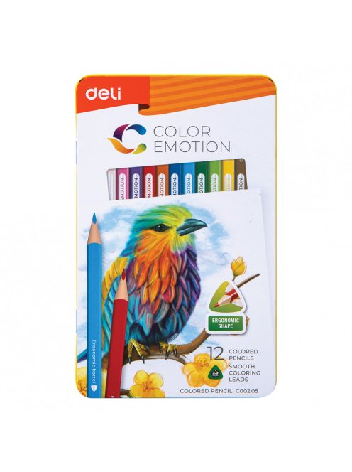 Színes ceruzakészlet, háromszögletű, fémdobozos, DELI "Color Emotion", 12 különböző szín (DEC00205)