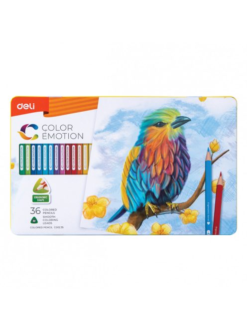 Színes ceruzakészlet, háromszögletű, fémdobozos, DELI "Color Emotion", 36 különböző szín (DEC00235)