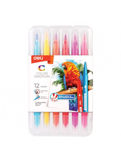 Ecsetfilc készlet, 2:1, kimosható, DELI "COLOR EMOTION", 12 különböző szín (DEC151-12)