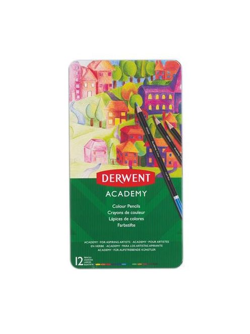 Színes ceruza készlet, fém doboz, DERWENT "Academy", 12 különböző szín (E2301937)