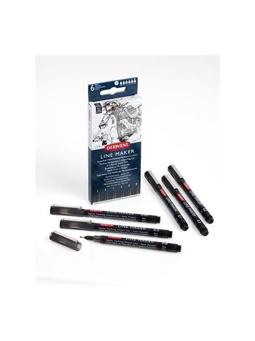 Tűfilc szett, 0,05/0,1/0,2/ 0,3/0,5/0,8 mm, DERWENT "Line Marker", fekete (E2305559)