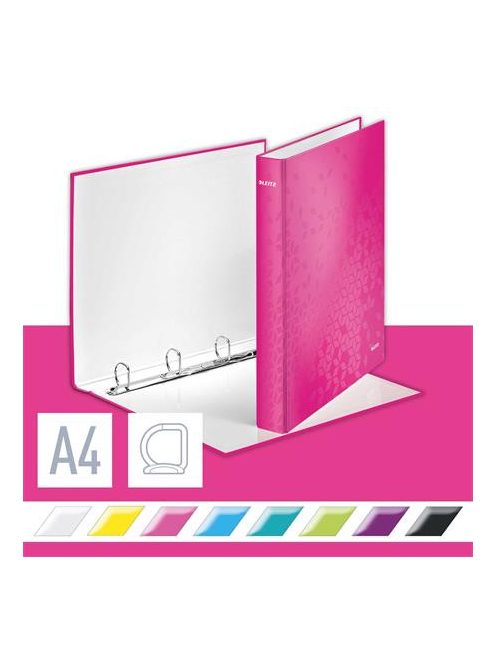 Gyűrűs könyv, 4 gyűrű, D alakú, 40 mm, A4 Maxi, karton, LEITZ "Wow", rózsaszín (E42420023)