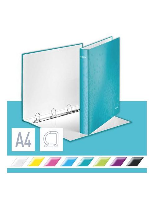 Gyűrűs könyv, 4 gyűrű, D alakú, 40 mm, A4 Maxi, karton, LEITZ "Wow", jégkék (E42420051)