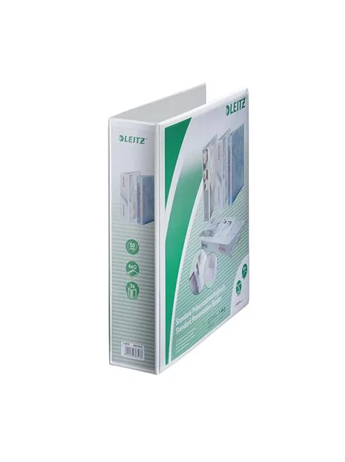 Gyűrűs könyv, panorámás, 4 gyűrű, D alakú, 77 mm, A4 Maxi, PP, LEITZ, fehér (E42870001)