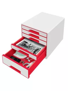   Irattároló, műanyag, 5 fiókos, LEITZ "Wow Cube", fehér/piros (E52142026)