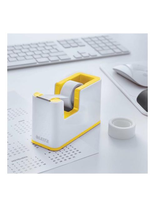 Ragasztószalag-adagoló, asztali, feltöltött, LEITZ "Wow", fehér-sárga (E53641016)