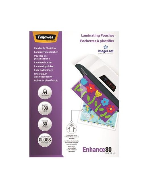 Meleglamináló fólia, 80 mikron, A4, fényes, 100 db,  FELLOWES (IFW53061)