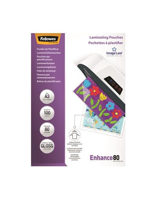 Meleglamináló fólia, 80 mikron, A3, fényes, 100 db,  FELLOWES (IFW53062)