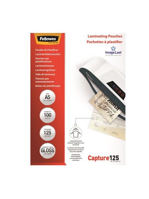 Meleglamináló fólia, 125 mikron, A5, fényes, 100 db,  FELLOWES (IFW53073)
