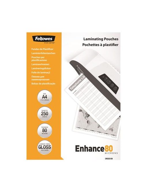 Meleglamináló fólia, 80 mikron, A4, fényes, 250 db, FELLOWES (IFW53129)