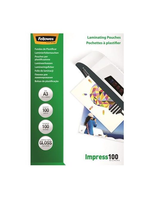 Meleglamináló fólia, 100 mikron, A3, fényes, 100 db,  FELLOWES (IFW53512)