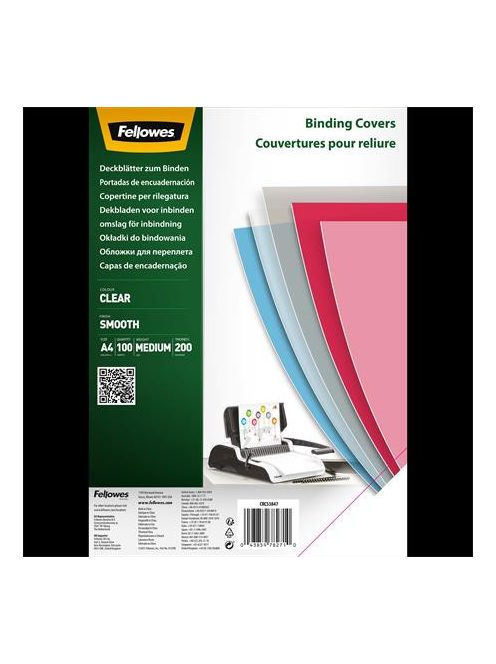 Előlap, A4, 200 mikron, PET, FELLOWES, víztiszta (IFW53847)