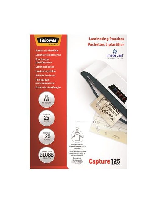 Meleglamináló fólia, 125 mikron, A5, fényes, 25 db, FELLOWES (IFW53961)
