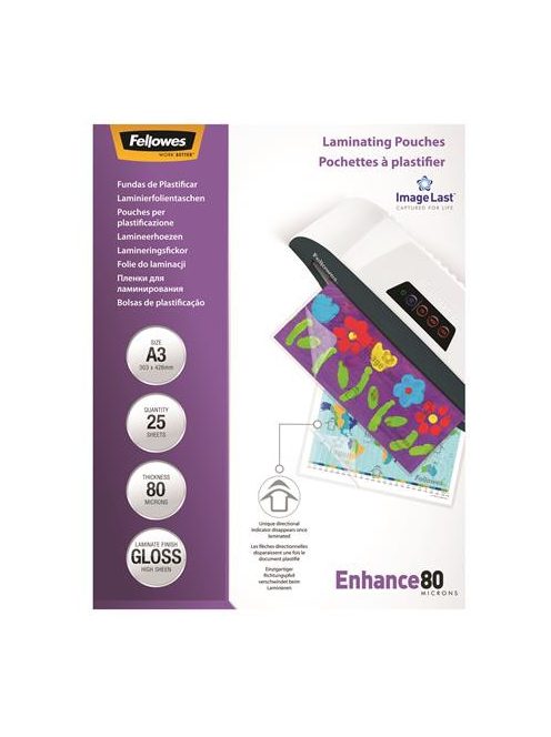 Meleglamináló fólia, 80 mikron, A3, fényes, 25 db, FELLOWES (IFW53964)