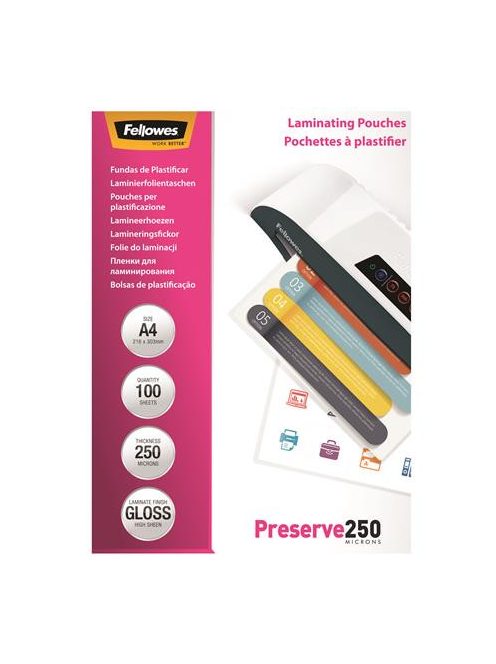 Meleglamináló fólia, 250 mikron, A4, fényes, 100 db, FELLOWES (IFW54018)