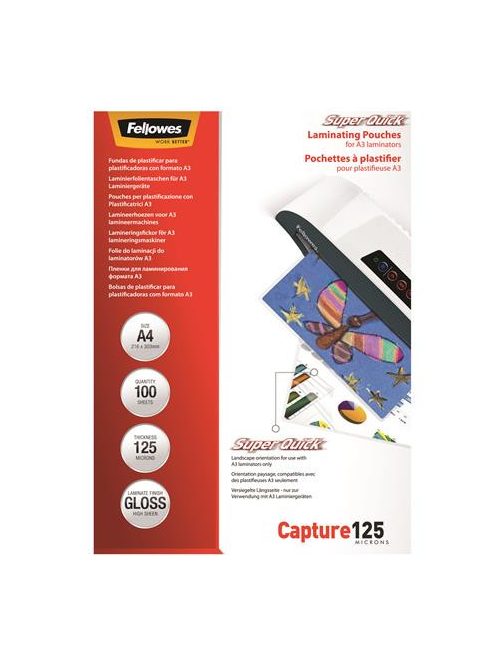 Meleglamináló fólia, 125 mikron, A4, SuperQuick, fényes, 100 db, FELLOWES (IFW54401)