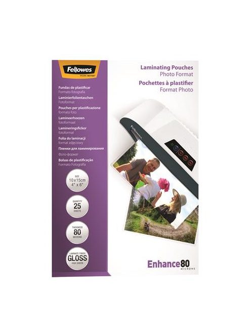 Meleglamináló fólia, 80 mikron, 100x150 mm, fényes, 25 db, FELLOWES (IFW54406)