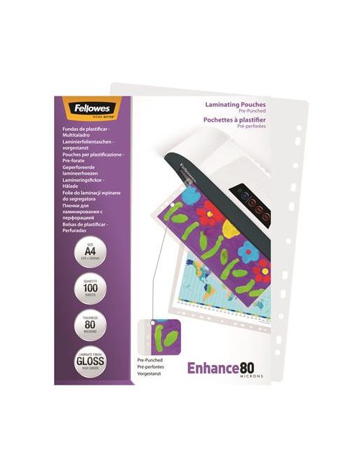 Meleglamináló fólia, lefűzhető, 80 mikron, A4, fényes, 100 db, FELLOWES (IFW54525)