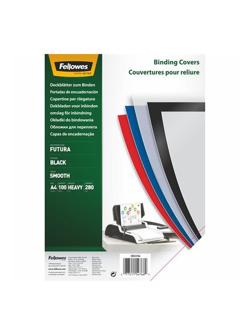 Hátlap, A4, 280 mikron, polipropilén, matt, FELLOWES "Futura", fekete (IFW54766)
