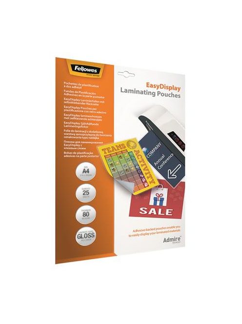 Meleglamináló fólia, 80 mikron, A4, fényes, öntapadó, 25 db, FELLOWES "Admire Easy Display" (IFW56017)