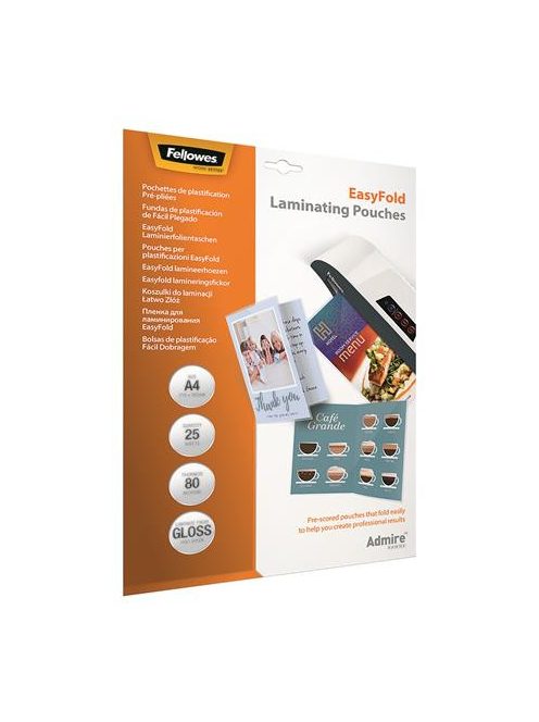 Meleglamináló fólia, 80 mikron, A4, fényes, 25 db, FELLOWES "Admire Easyfold" (IFW56019)