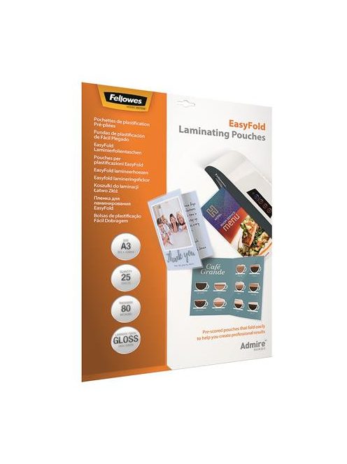 Meleglamináló fólia, 80 mikron, A3, fényes, előrehajtott, 25 db, FELLOWES "Admire Easyfold" (IFW56020)