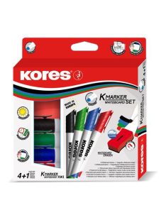   Tábla- és flipchart marker készlet mágneses táblatörlő szivaccsal, 1-3 mm, kúpos KORES, 4 különböző szín (IK20863)
