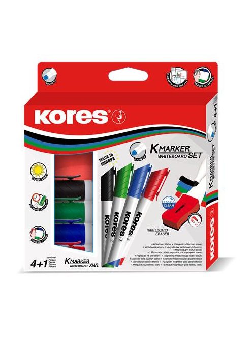 Tábla- és flipchart marker készlet mágneses táblatörlő szivaccsal, 1-3 mm, kúpos KORES, 4 különböző szín (IK20863)