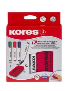   Tábla- és flipchart marker készlet mágneses táblatörlő szivaccsal, 3-5 mm, vágott, KORES, 4 különböző szín (IK20865)