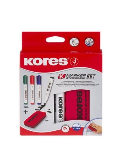 Tábla- és flipchart marker készlet mágneses táblatörlő szivaccsal, 3-5 mm, vágott, KORES, 4 különböző szín (IK20865)