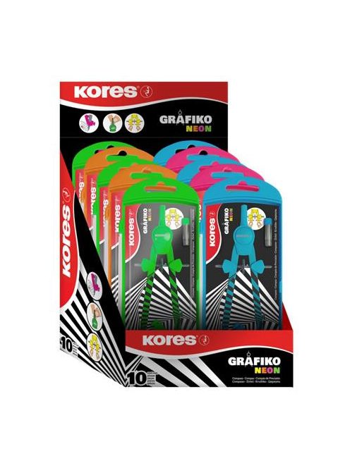 Körző készlet, precíziós, 3 darabos, KORES "Grafiko Neon", vegyes színek (IK42031)
