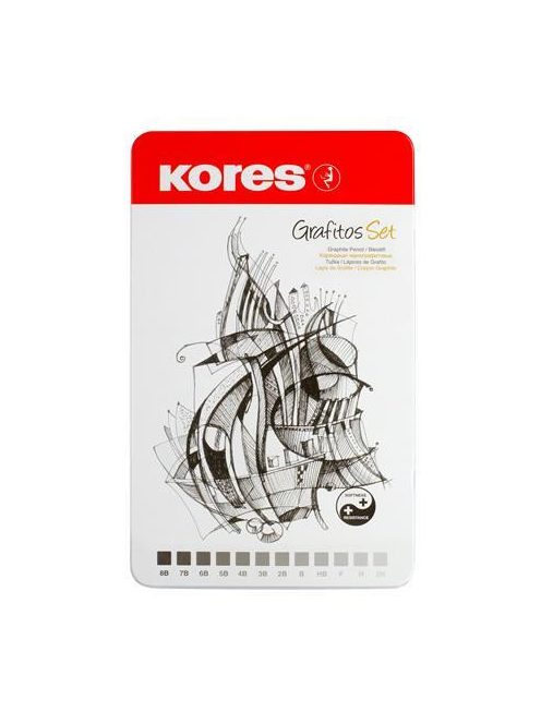 Grafitceruza készlet, fém doboz, háromszögletű, KORES "GRAFITOS", 12 különböző keménység (IK92162)