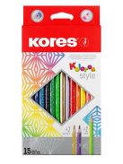 Színes ceruza készlet, háromszögletű, KORES "Kolores Style", 15 különböző szín (IK93310)