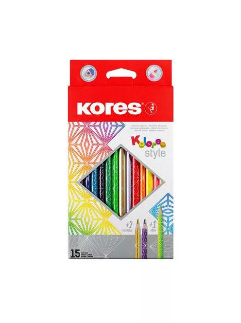 Színes ceruza készlet, háromszögletű, KORES "Kolores Style", 15 különböző szín (IK93310)